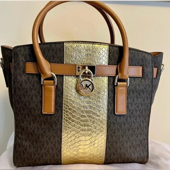 MICHAEL KORS Hamilton Brown Signature Saffiano Satchel with Gold Croc Trim